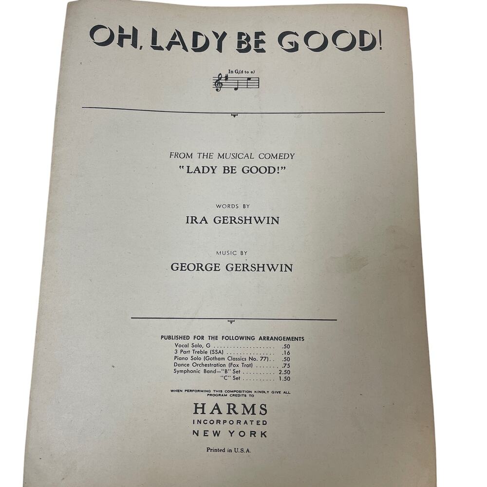 Antique 1924 Lady Be Good Ira George Gershwin Musical Comedy Piano Sheet Music